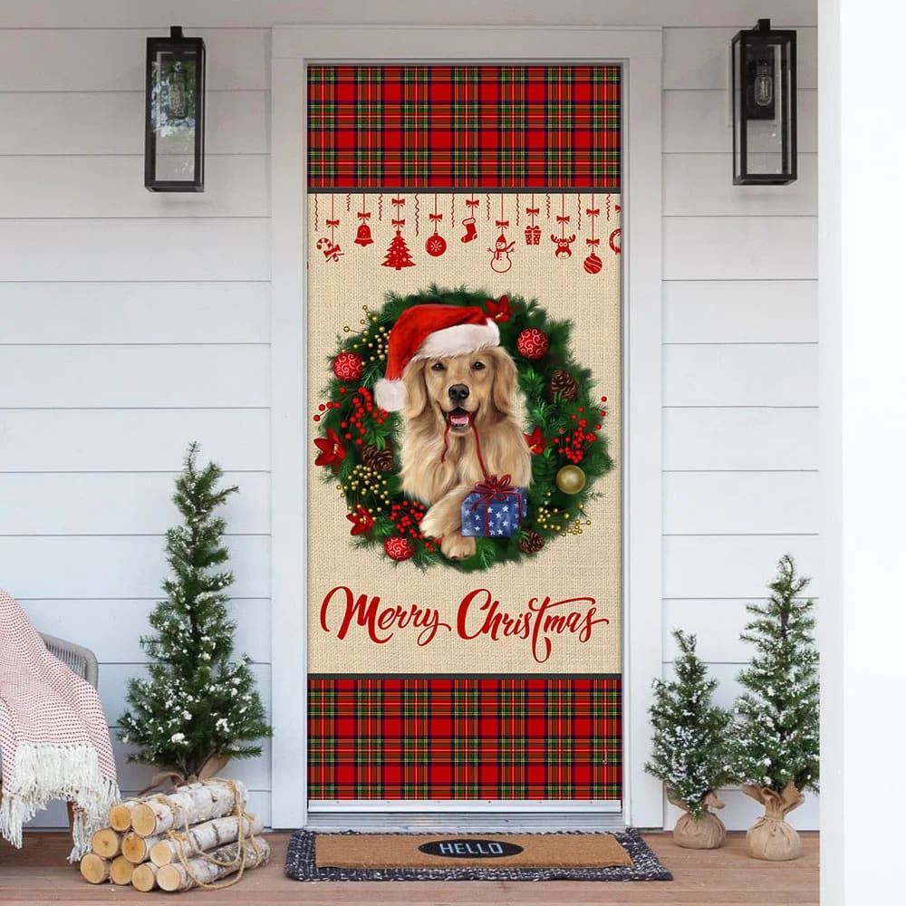 Merry Christmas Golden Retriever Door Cover, Christmas Garage Door Covers, Christmas Outdoor Decoration