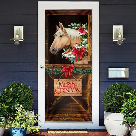 Merry Christmas Horse In Stable Door Cover, Christmas Horse Decor, Christmas Door Knob Covers, Christmas Outdoor Decoration