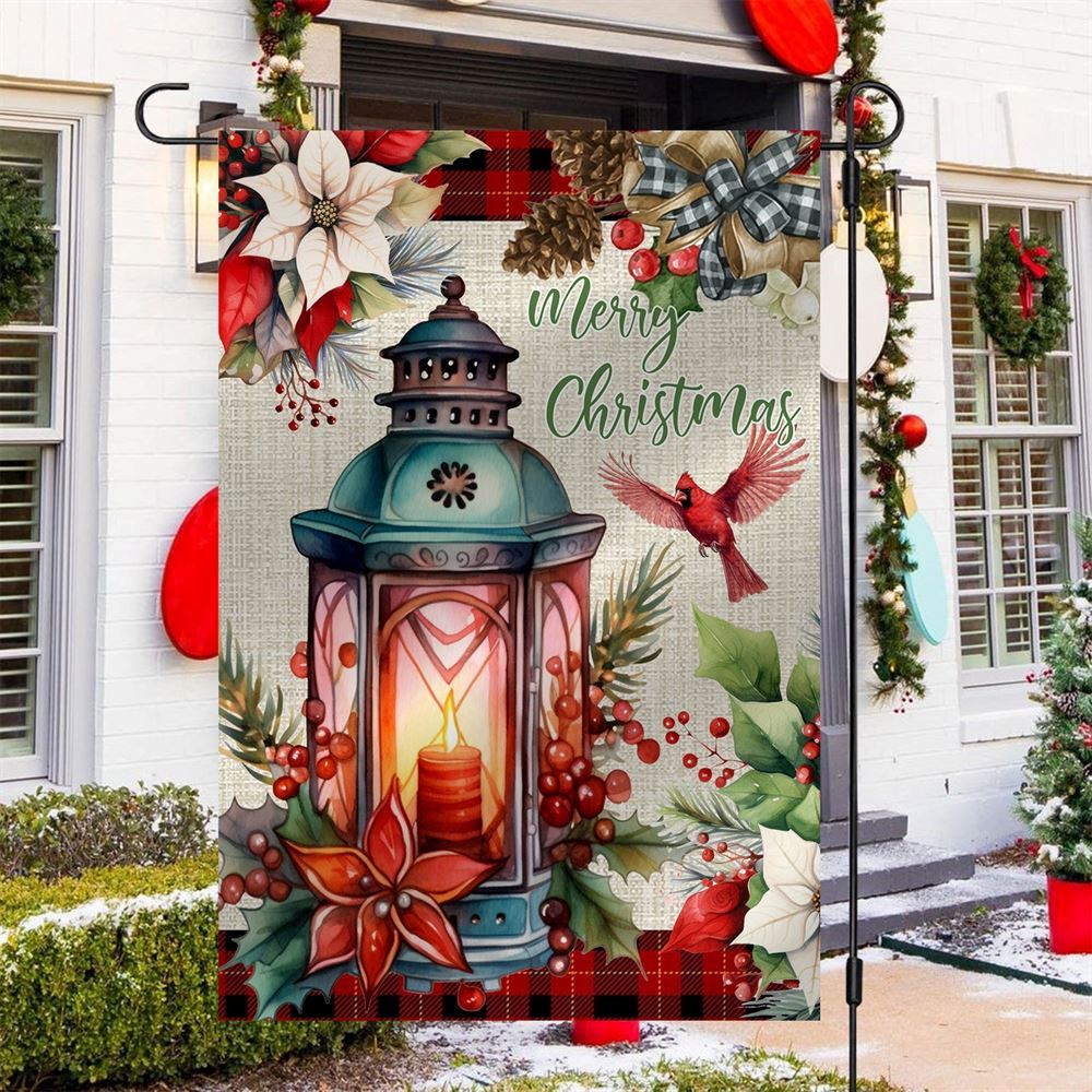 Merry Christmas Lantern And Bird Flag, Christmas Garden Flag, Home Decor Accessories, Christmas Outdoor Decor Ideas
