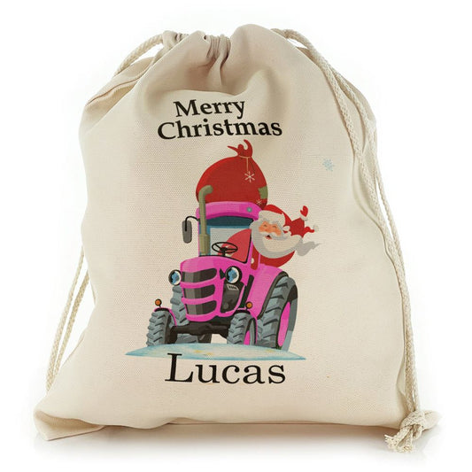 Merry Christmas Name and Santa Pink Tractor Christmas Sack, Gift For Chidren, Christmas Bag Gift, Christmas Gift 2023