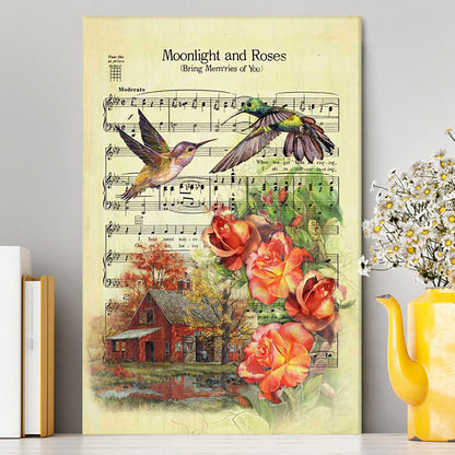 Moonlight And Roses Music Sheet Big Hummingbird Orange Rose Canvas Wall Art - Christian Canvas Prints