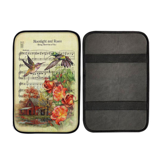 Moonlight And Roses Music Sheet Big Hummingbird Orange Rose Car Center Console Cover, Religious Car Armrest Accessories