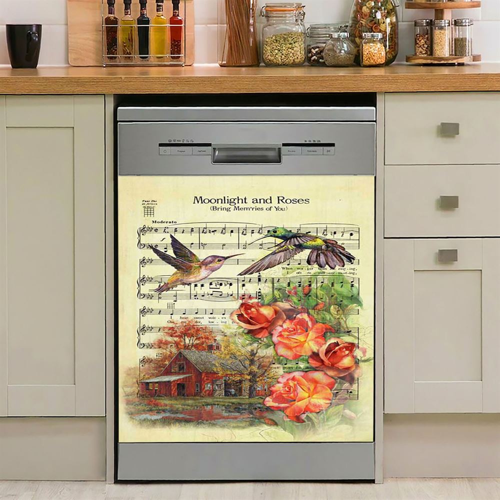 Moonlight And Roses Music Sheet Big Hummingbird Orange Rose Dishwasher Cover, Christian Dishwasher Wrap