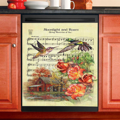 Moonlight And Roses Music Sheet Big Hummingbird Orange Rose Dishwasher Cover, Christian Dishwasher Wrap