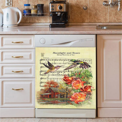 Moonlight And Roses Music Sheet Big Hummingbird Orange Rose Dishwasher Cover, Christian Dishwasher Wrap