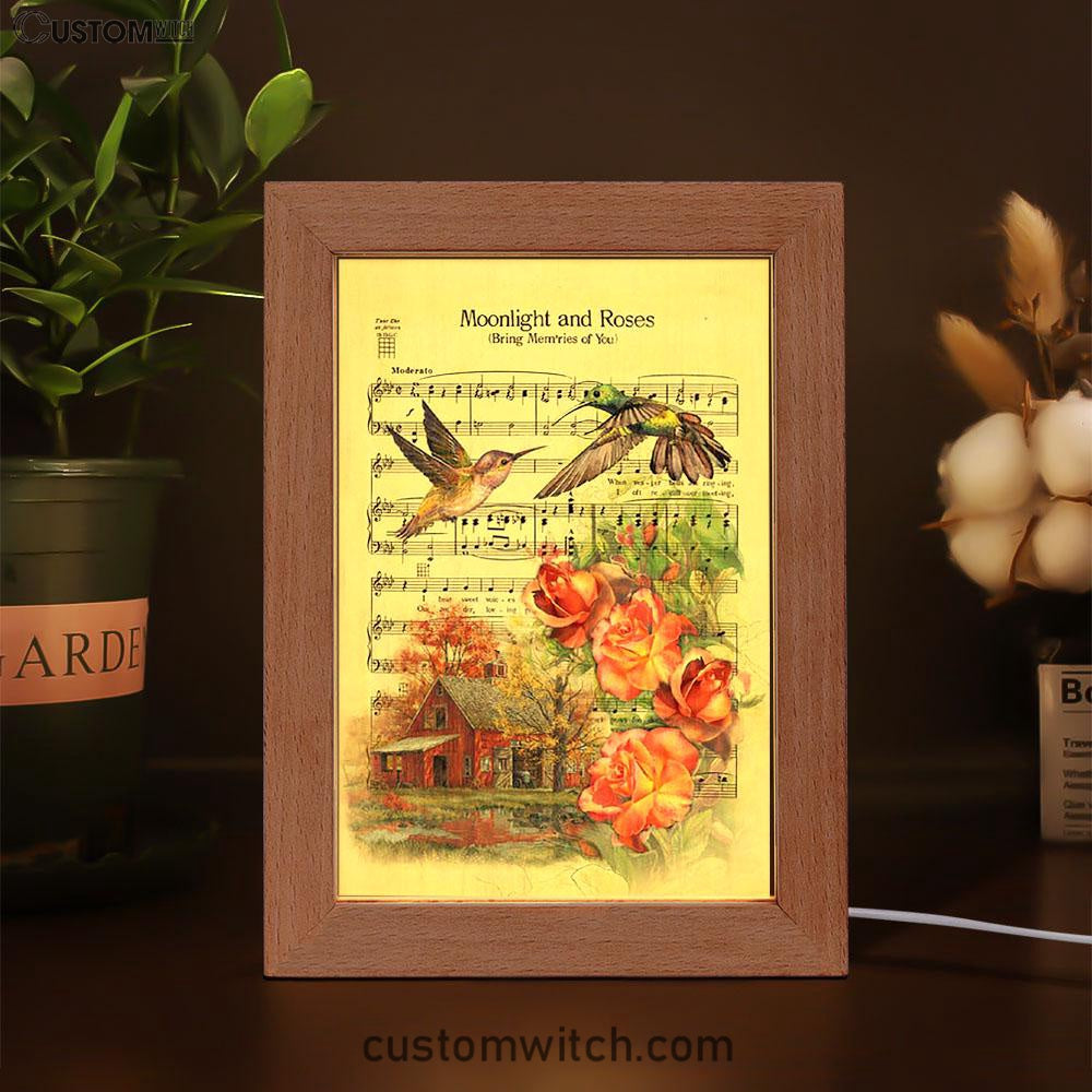 Moonlight And Roses Music Sheet Big Hummingbird Orange Rose Frame Lamp Art - Christian Night Light