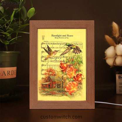 Moonlight And Roses Music Sheet Big Hummingbird Orange Rose Frame Lamp Art - Christian Night Light
