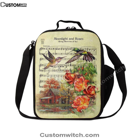 Moonlight And Roses Music Sheet Big Hummingbird Orange Rose Lunch Bag, Bible Verse Lunch Bag For Men And Women