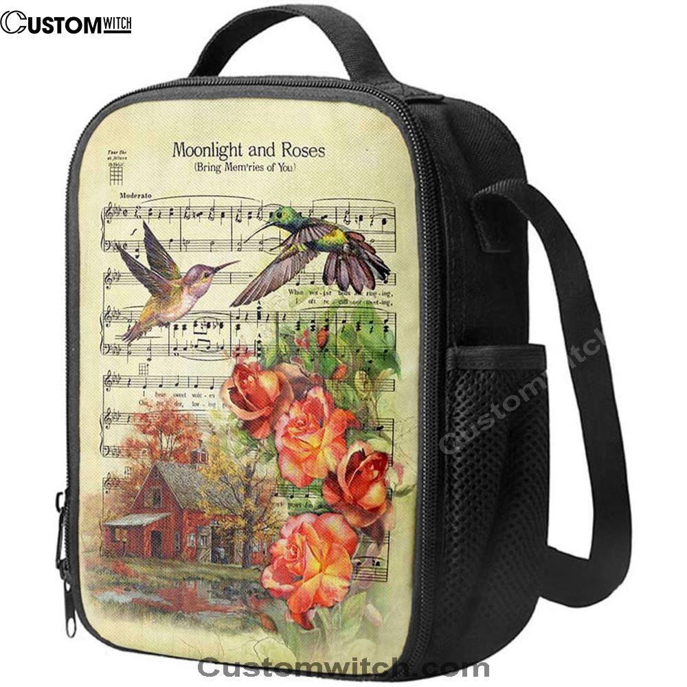Moonlight And Roses Music Sheet Big Hummingbird Orange Rose Lunch Bag, Bible Verse Lunch Bag For Men And Women