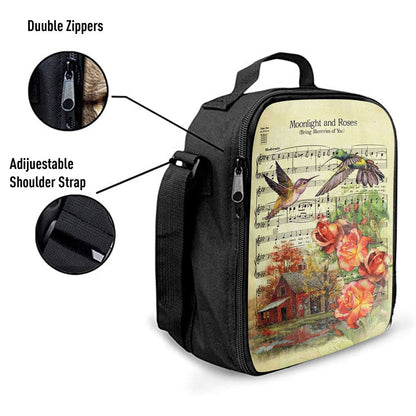 Moonlight And Roses Music Sheet Big Hummingbird Orange Rose Lunch Bag, Bible Verse Lunch Bag For Men And Women