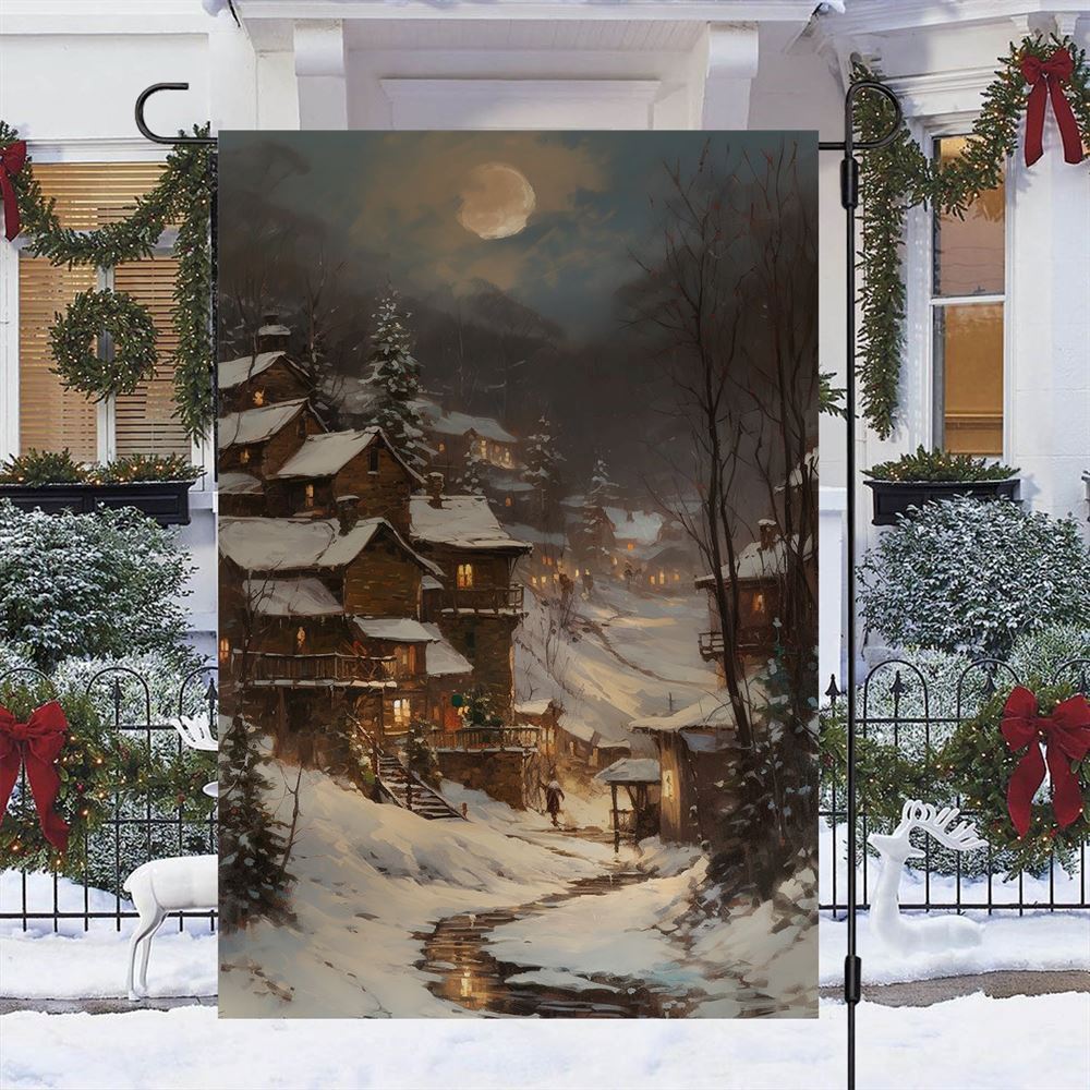 Moonlit Winter Village Flag, Christmas Garden Flag, Home Decor Accessories, Christmas Outdoor Decor Ideas
