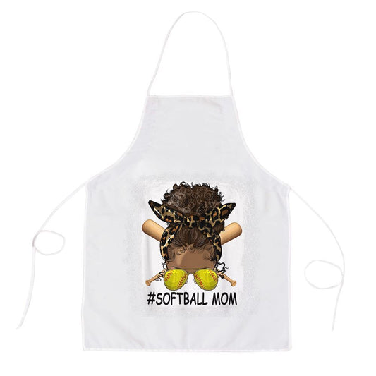 Mother's Day Apron, Afro Messy Bun Softball Mom Leopard Black Mommy Mothers Day Apron, Mom Gift, Mother's Day Gift, Funny Apron For Women