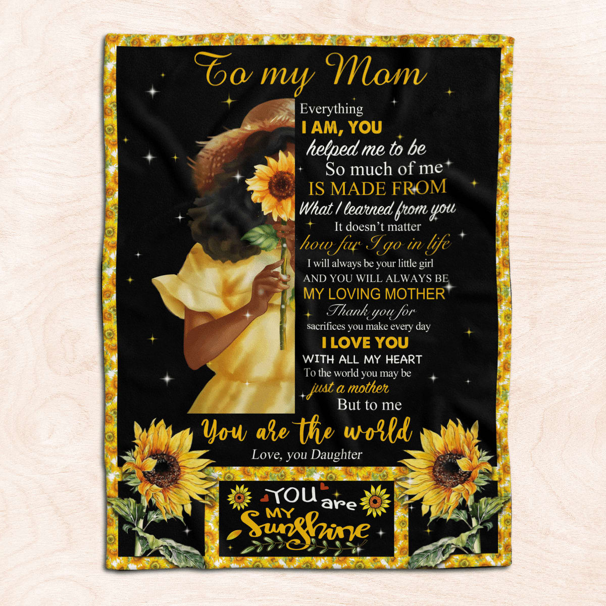 Mother's Day Black Mom Blanket From Daughter Sunflower Art Fleece Blanket To Black Mom, Birthday Gift