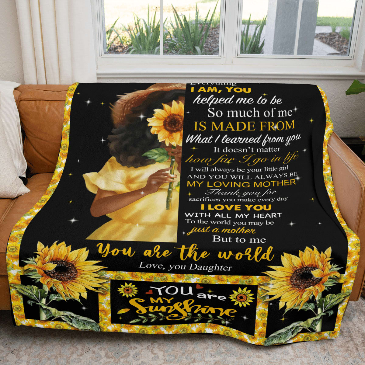 Mother's Day Black Mom Blanket From Daughter Sunflower Art Fleece Blanket To Black Mom, Birthday Gift
