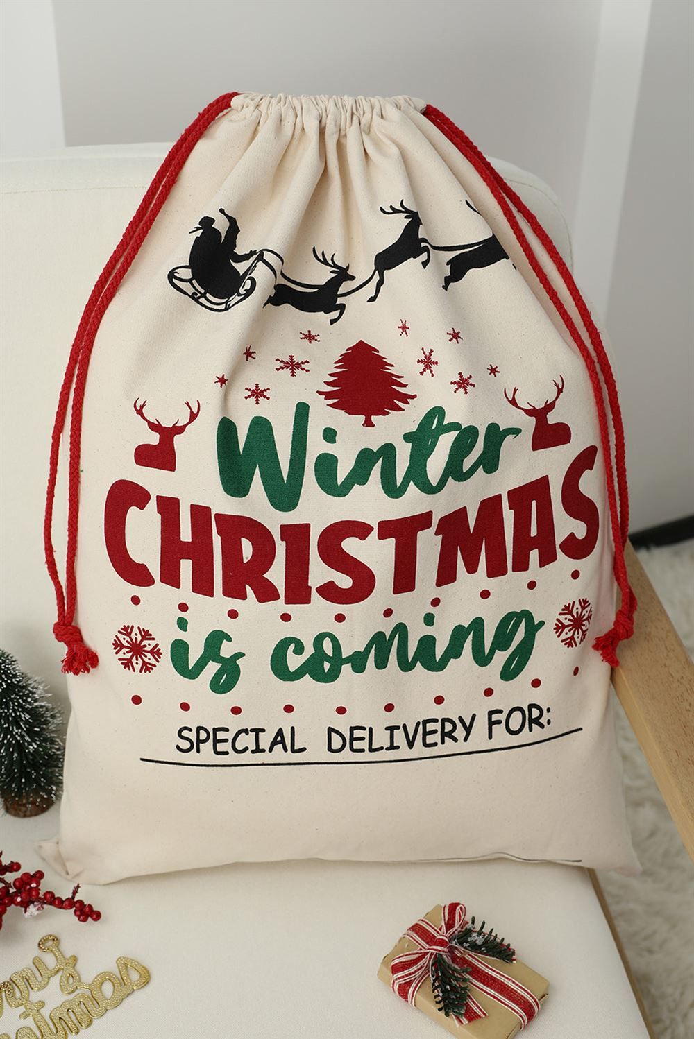 Multicolor Christmas Graphic Print Canvas Drawstring Christmas Sack, Gift For Chidren, Christmas Bag Gift, Christmas Gift 2023