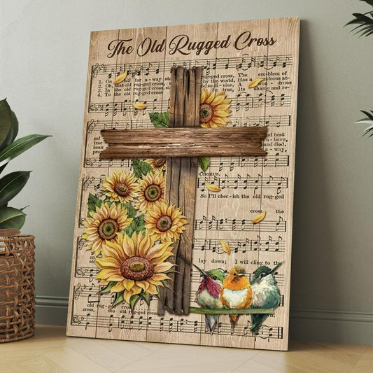 Music Sheet, Colorful Hummingbird, Sunflower, The Old Rugged Cross Canvas, Christmas Gift for Christian