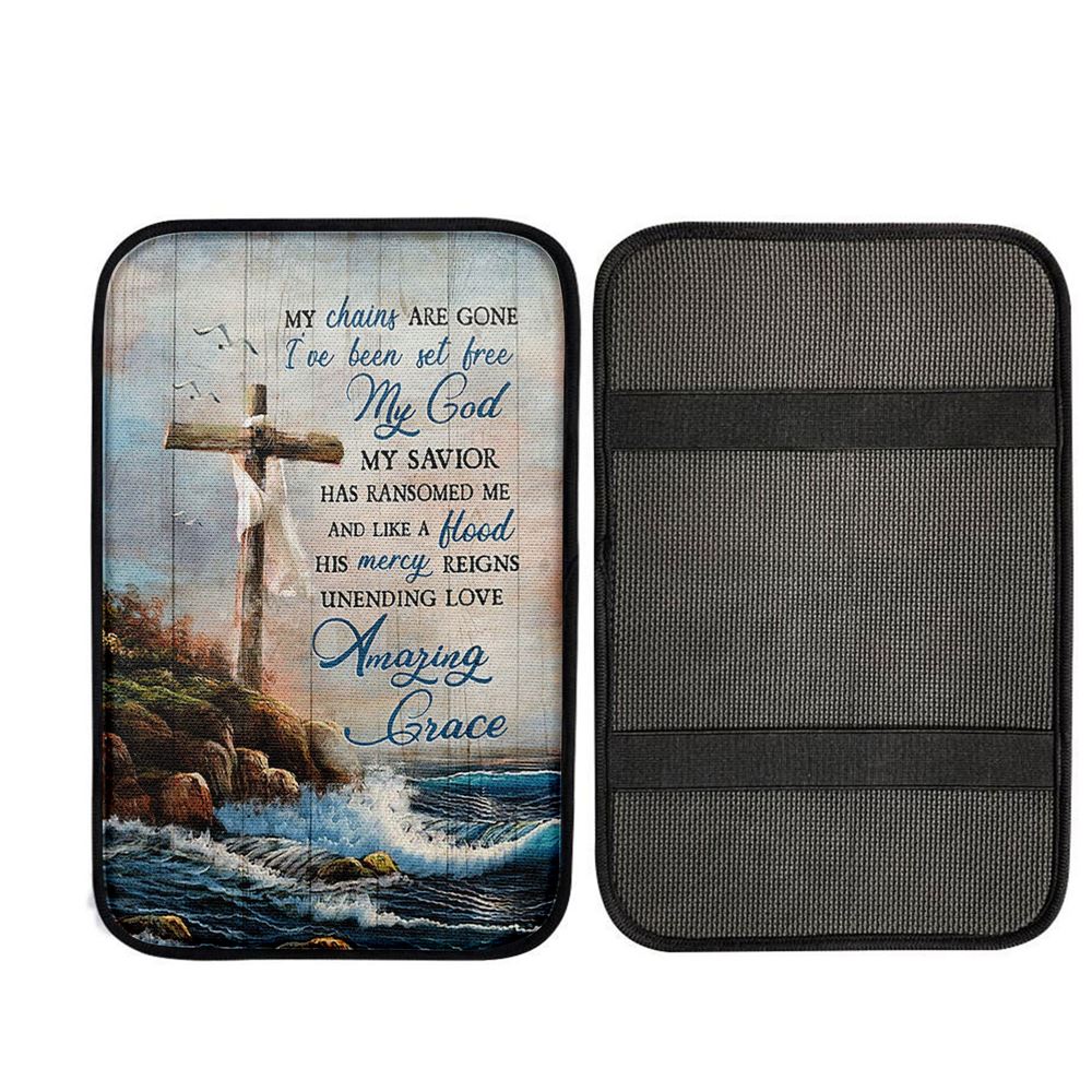 My Chains Are Gone God Cross Sea Car Center Console Cover, Christian Gift Car Armrest Pad