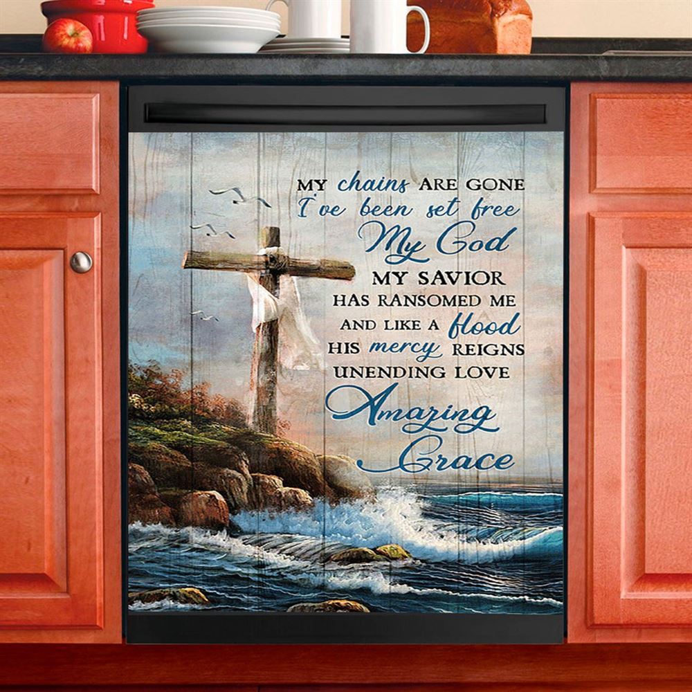My Chains Are Gone God Cross Sea Dishwasher Cover, Inspirational Dishwasher Wrap, Christian Kitchen Decoration