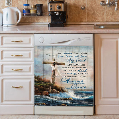 My Chains Are Gone God Cross Sea Dishwasher Cover, Inspirational Dishwasher Wrap, Christian Kitchen Decoration