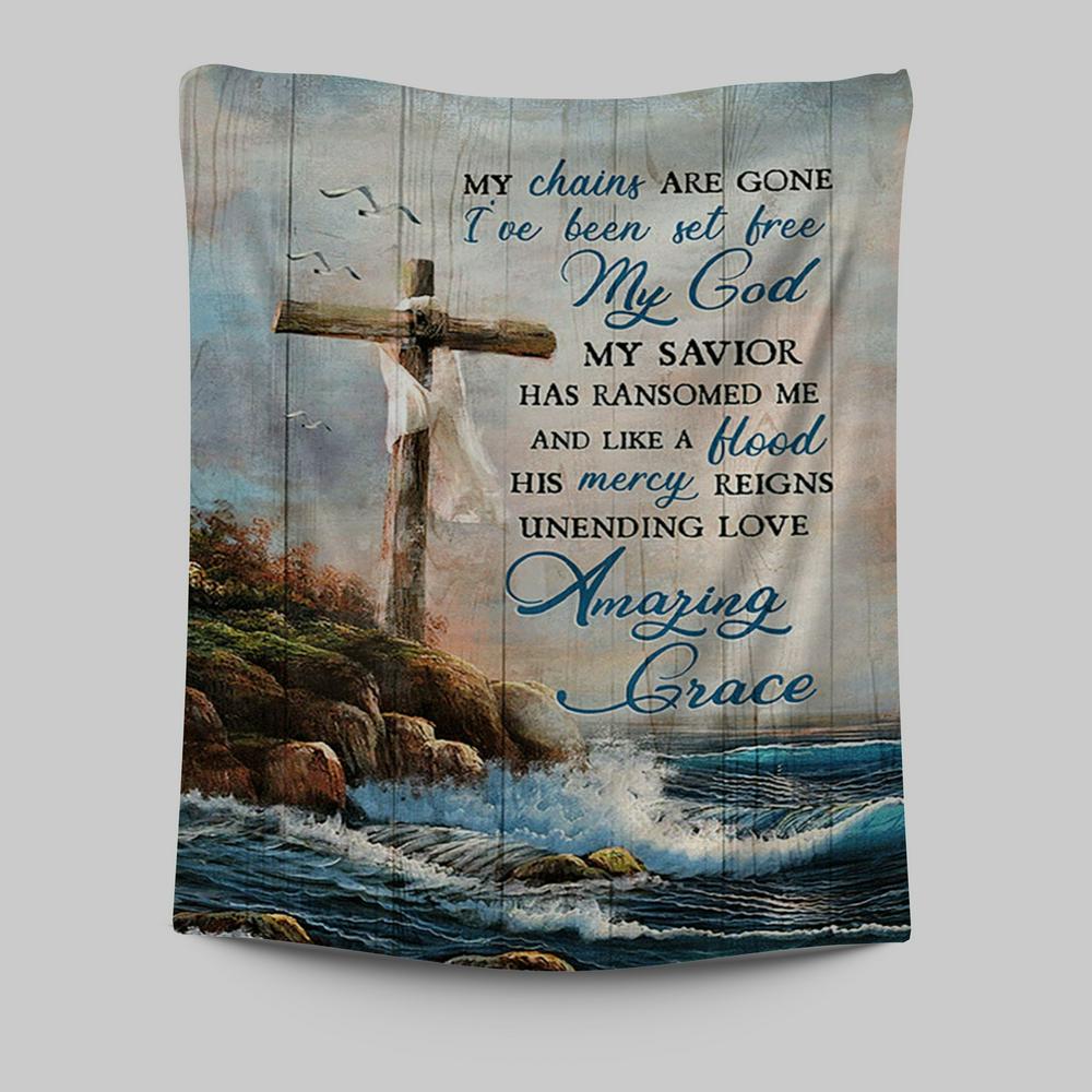 My Chains Are Gone God Cross Sea Tapestry Print - Inspirational Tapestry Art - Christian Wall Art Home Decor