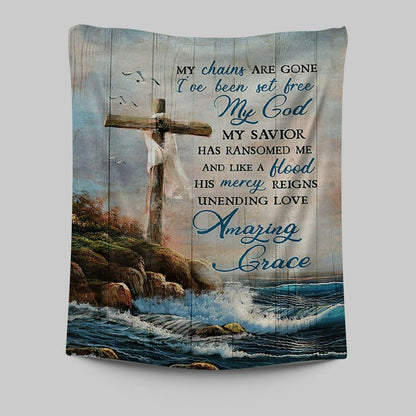 My Chains Are Gone God Cross Sea Tapestry Print - Inspirational Tapestry Art - Christian Wall Art Home Decor