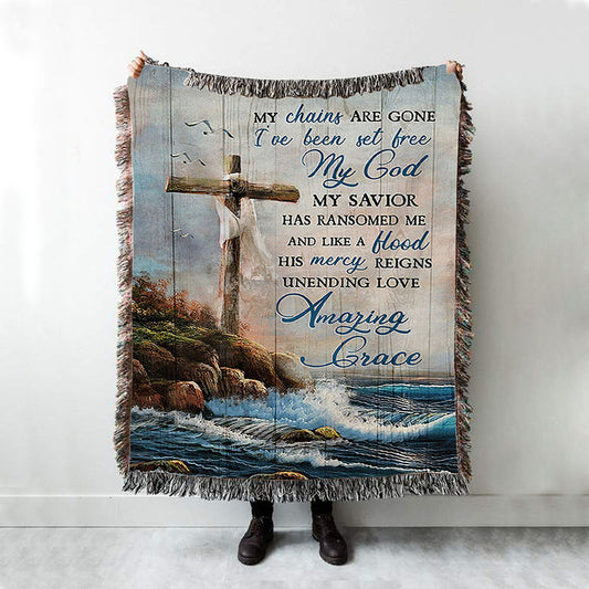 My Chains Are Gone God Cross Sea Woven Blanket Print - Inspirational Woven Blanket Art - Christian Throw Blanket Home Decor