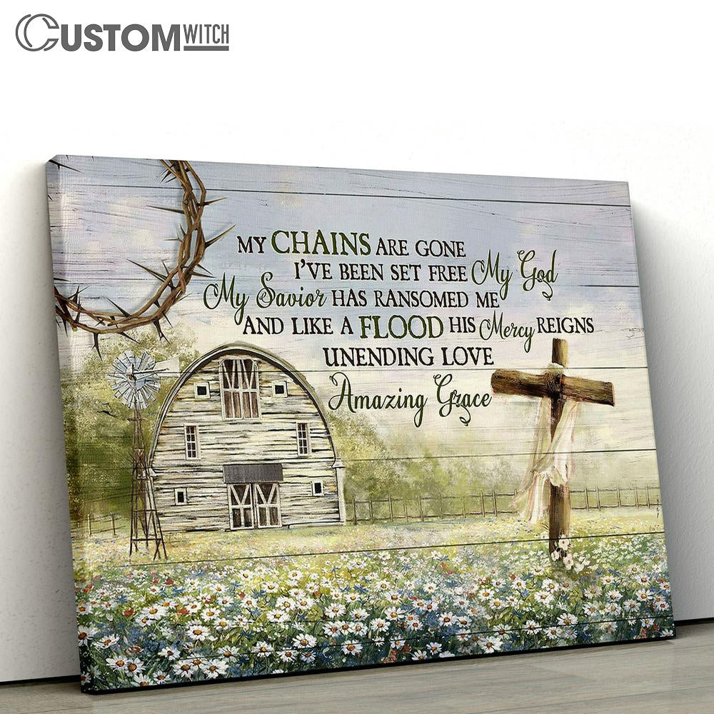 My Chains Are Gone I've Been Set Free Daisy Wooden Cross Tranquil Farm Canvas Wall Art - Bible Verse Canvas - Religious Prints