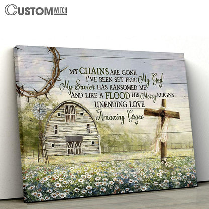My Chains Are Gone I've Been Set Free Daisy Wooden Cross Tranquil Farm Canvas Wall Art - Bible Verse Canvas - Religious Prints