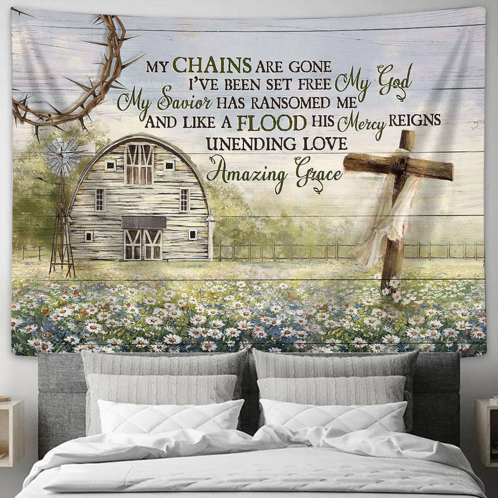 My Chains Are Gone I've Been Set Free Daisy Wooden Cross Tranquil Farm Tapestry Wall Art - Bible Verse Tapestry - Religious Tapestry Wall Hanging