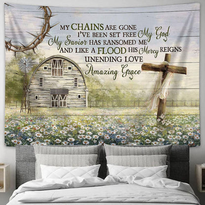 My Chains Are Gone I've Been Set Free Daisy Wooden Cross Tranquil Farm Tapestry Wall Art - Bible Verse Tapestry - Religious Tapestry Wall Hanging