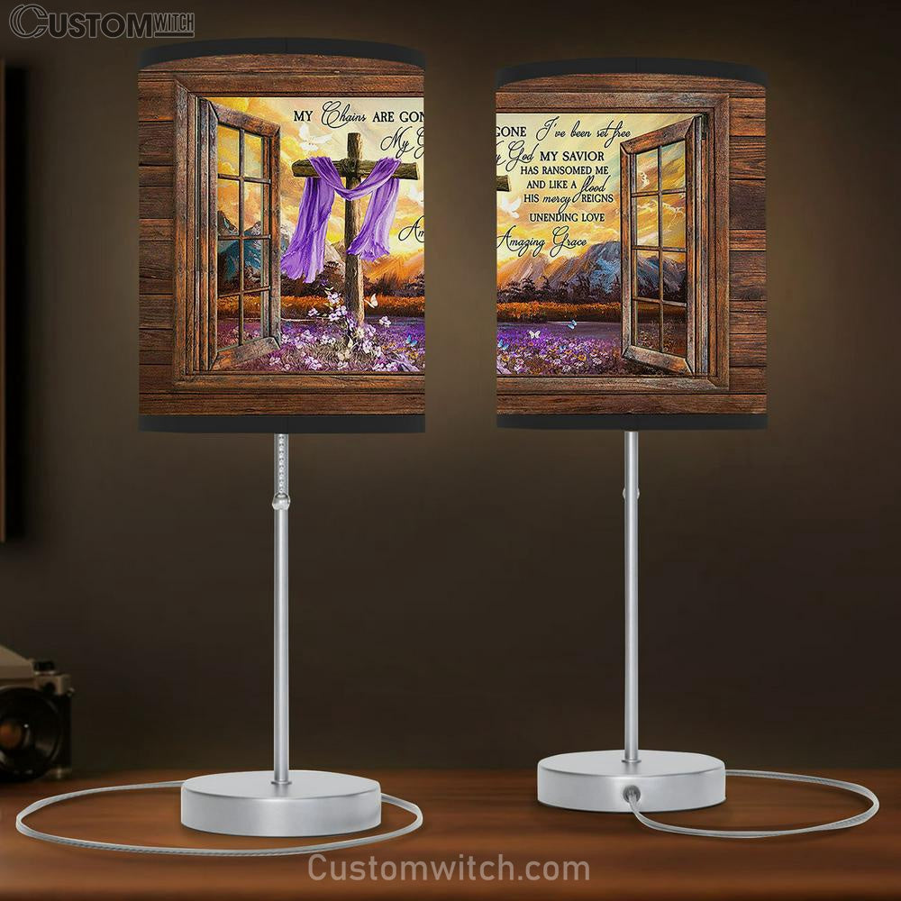 My Chains Are Gone Purple Flower Field Wooden Cross Butterfly Table Lamb Art - Christian Lamb Gift Decor - Bible Verse Table Lamb