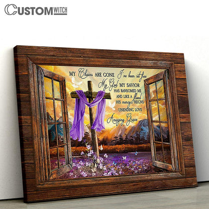 My Chains Are Gone Purple Flower Field Wooden Cross Butterfly Canvas Art - Christian Wall Art Decor - Bible Verse Canvas