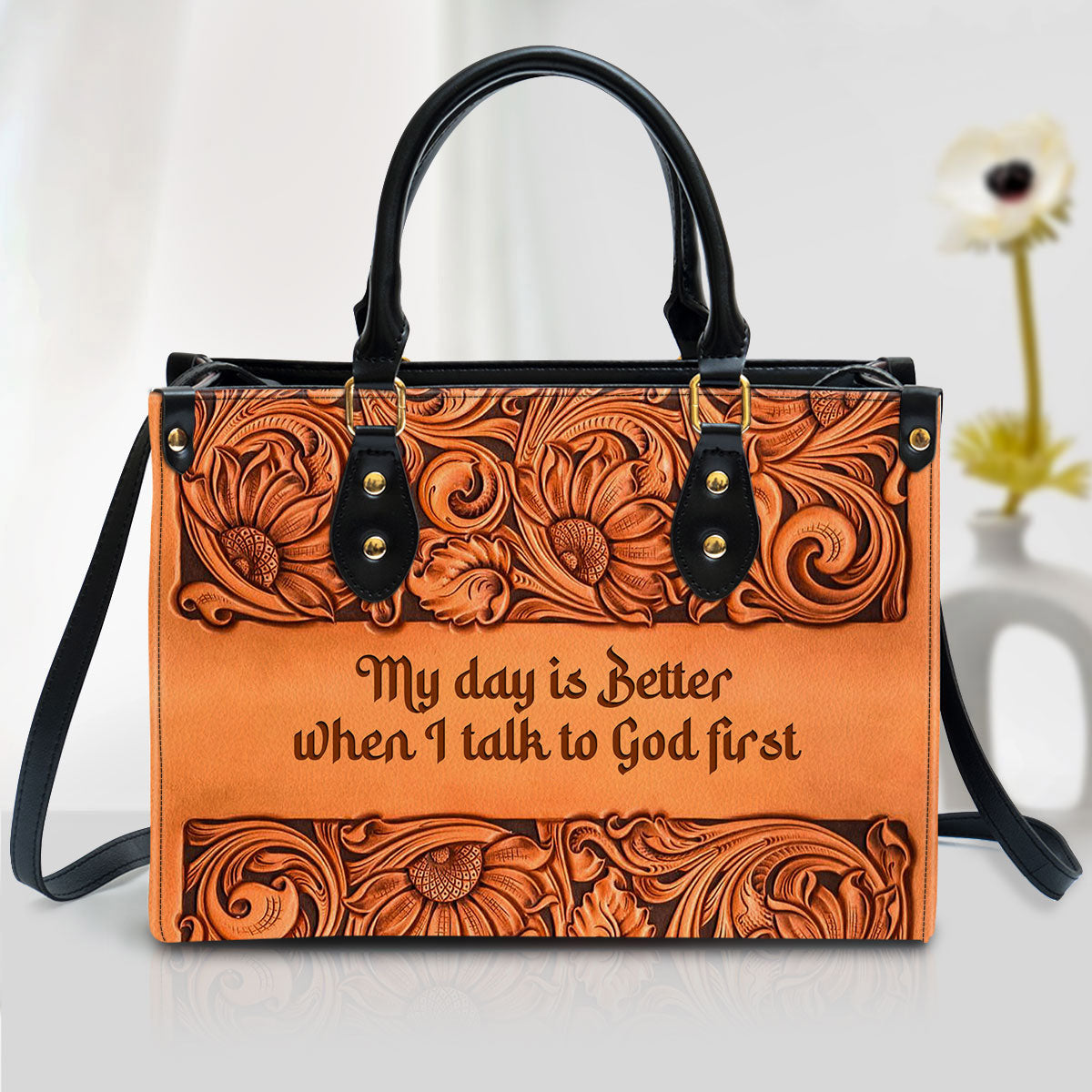 My Day Is Better When I Talk To God First Zippered Orange Leather Handbag With Handle Religious Gifts For Christian Women