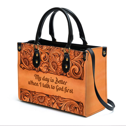 My Day Is Better When I Talk To God First Zippered Orange Leather Handbag With Handle Religious Gifts For Christian Women