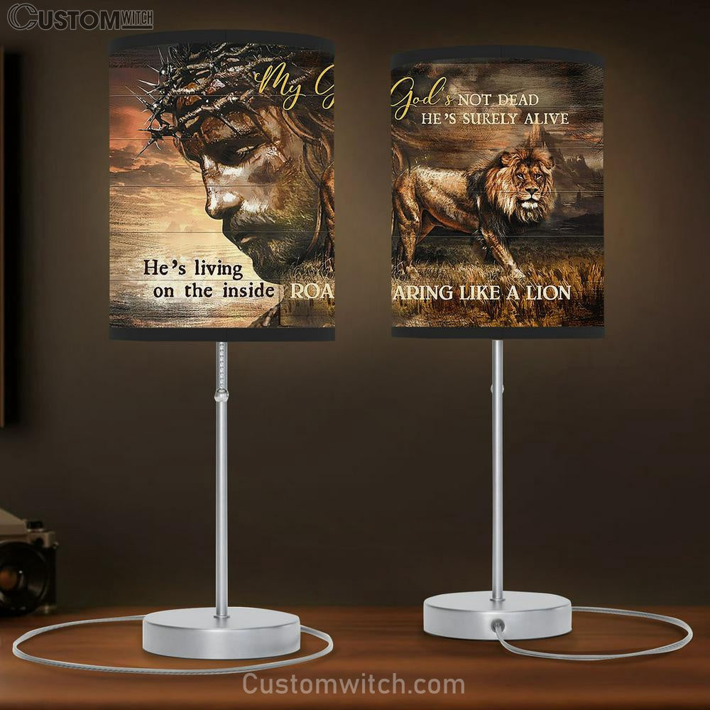 My God's Not Dead He's Surely Alive Table Lamb - Jesus Lion Of Judah Table Lamb Art - Christian Lamb Gift Decor - Bible Verse Table Lamb