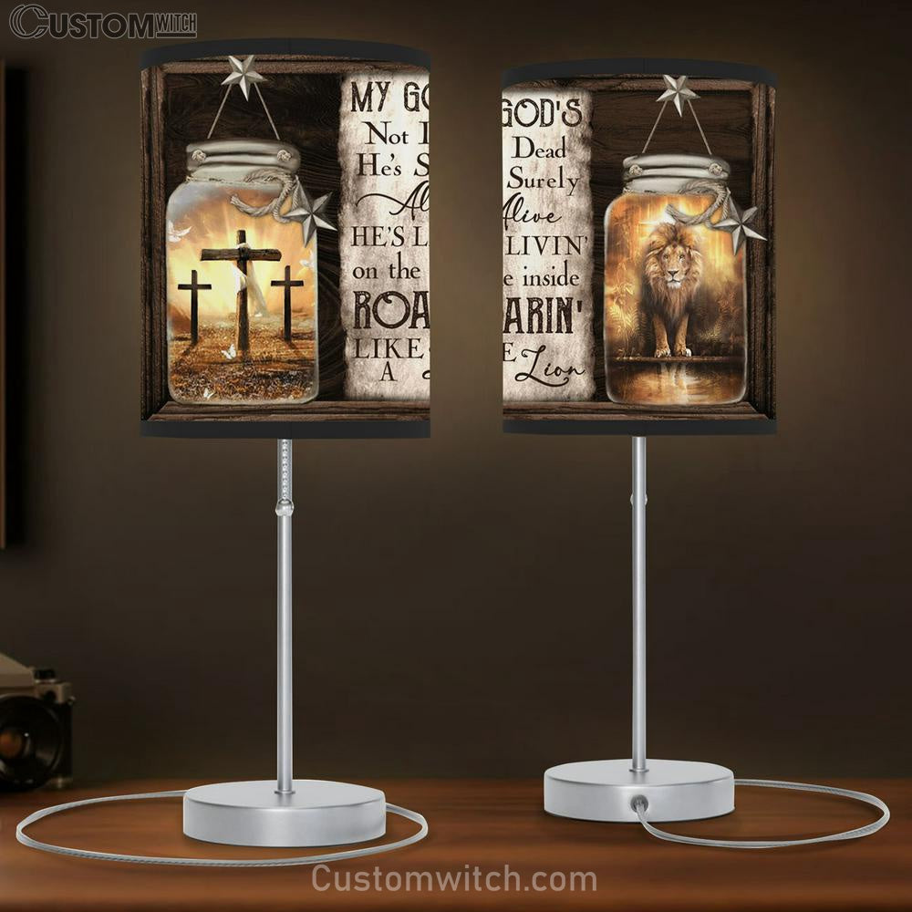 My God's Surely Alive Lion Cross Large Table Lamb - Christian Table Lamb Prints - Religious Table Lamb Art