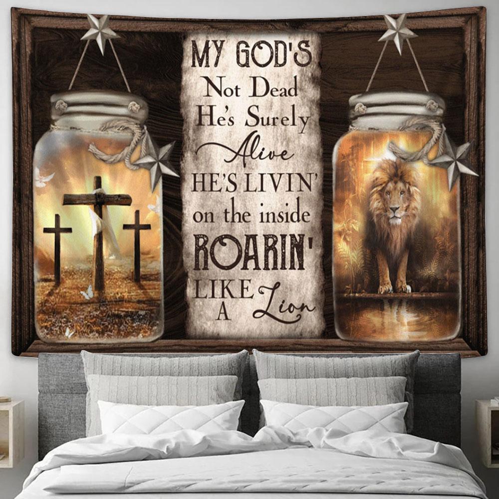 My God's Surely Alive Lion Cross Large Tapestry - Christian Tapestry Prints - Religious Tapestry Art