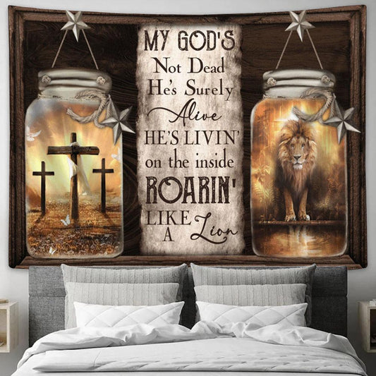 My God's Surely Alive Lion Cross Large Tapestry - Christian Tapestry Prints - Religious Tapestry Art