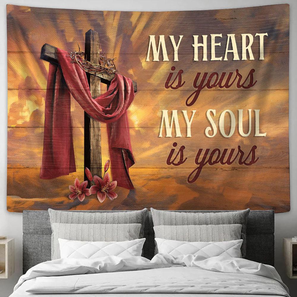 My Heart Is Yours My Soul Is Yours Cross Crown Of Thorn Red Lily Flower Tapestry Wall Art - Bible Verse Tapestry - Religious Tapestry Wall Hanging