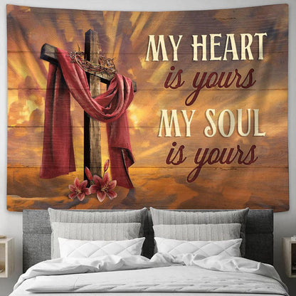 My Heart Is Yours My Soul Is Yours Cross Crown Of Thorn Red Lily Flower Tapestry Wall Art - Bible Verse Tapestry - Religious Tapestry Wall Hanging