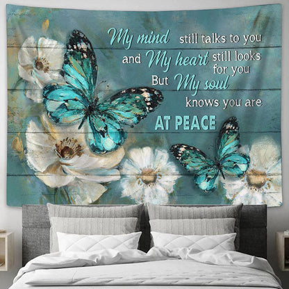 My Mind Still Talks To You Blue Butterfly Jasmine Tapestry Wall Art - Bible Verse Tapestry - Religious Tapestry Wall Hanging