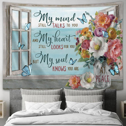 My Mind Still Talks To You Brilliant Flower Blue Butterfly Window Beach Large Tapestry - Christian Tapestry Prints - Religious Tapestry Art