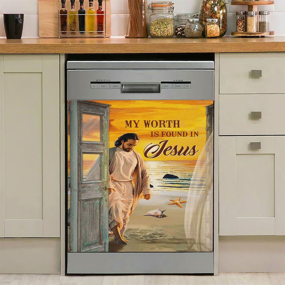 My Worth Is Found In Jesus God Dishwasher Cover, Jesus Christ Dishwasher Wrap, Christian Kitchen Decoration