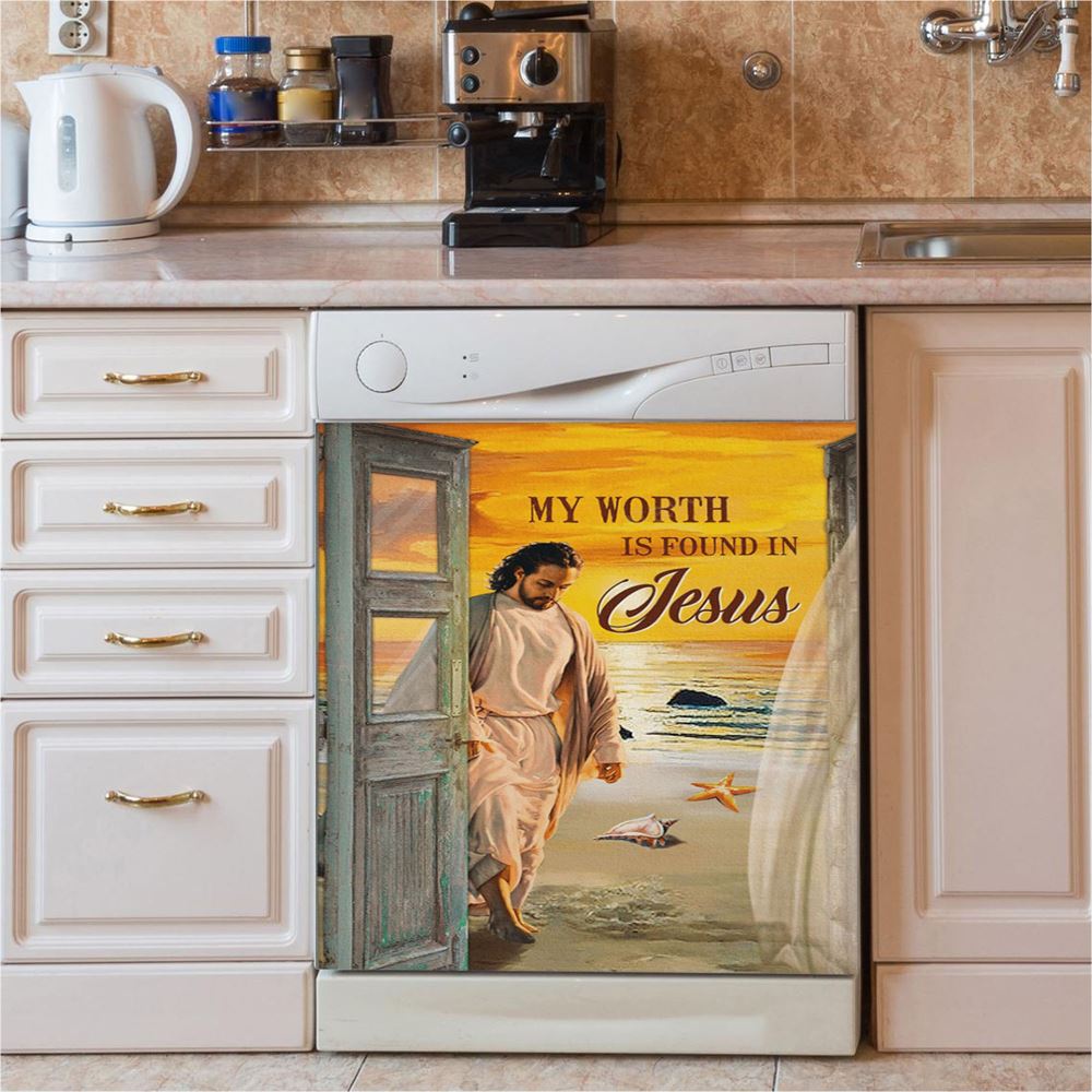 My Worth Is Found In Jesus God Dishwasher Cover, Jesus Christ Dishwasher Wrap, Christian Kitchen Decoration