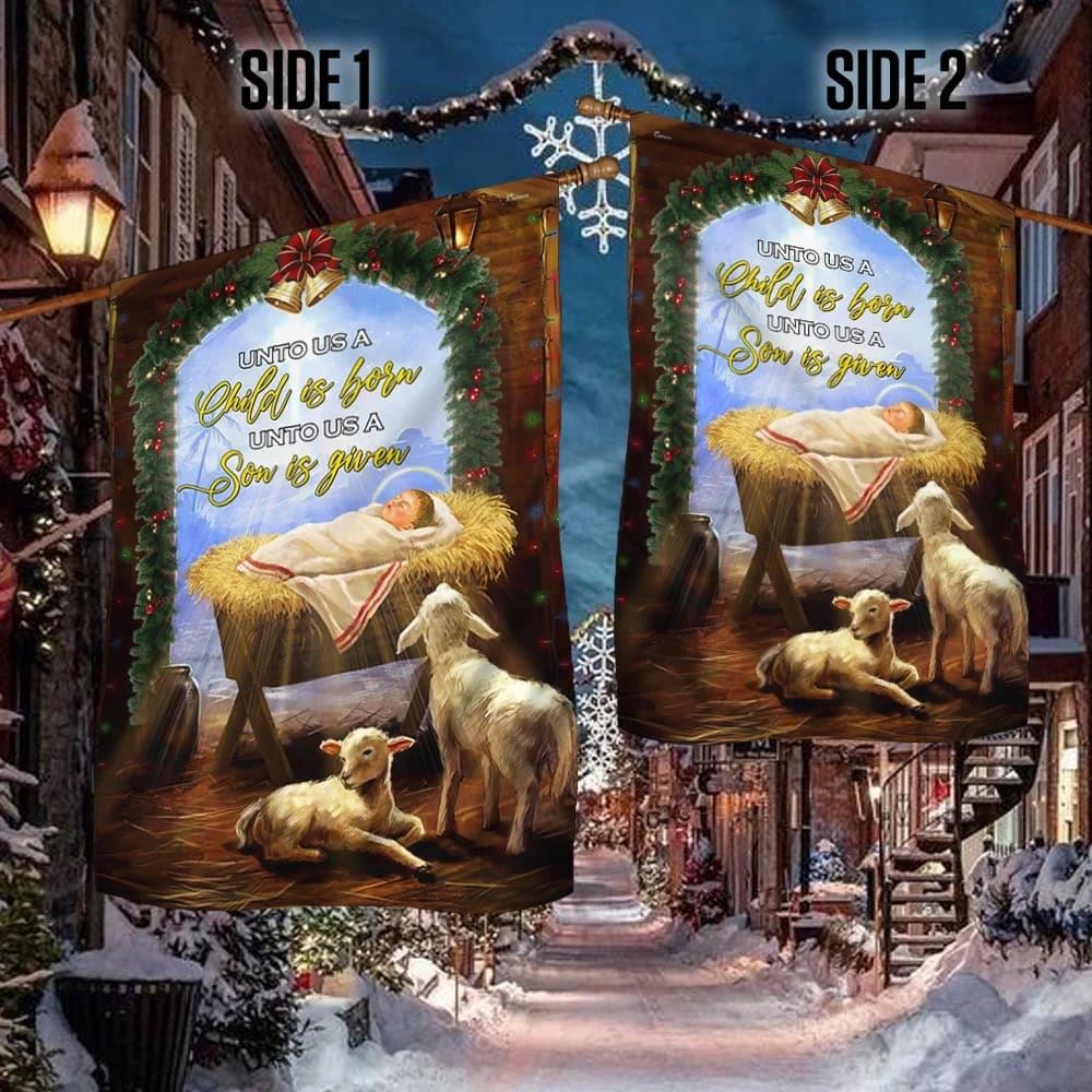 Nativity Of Jesus House Flag Unto Us A Child Is Born, Outdoor Religious Flags, Christian Flag, Scripture Flag, Garden Banner