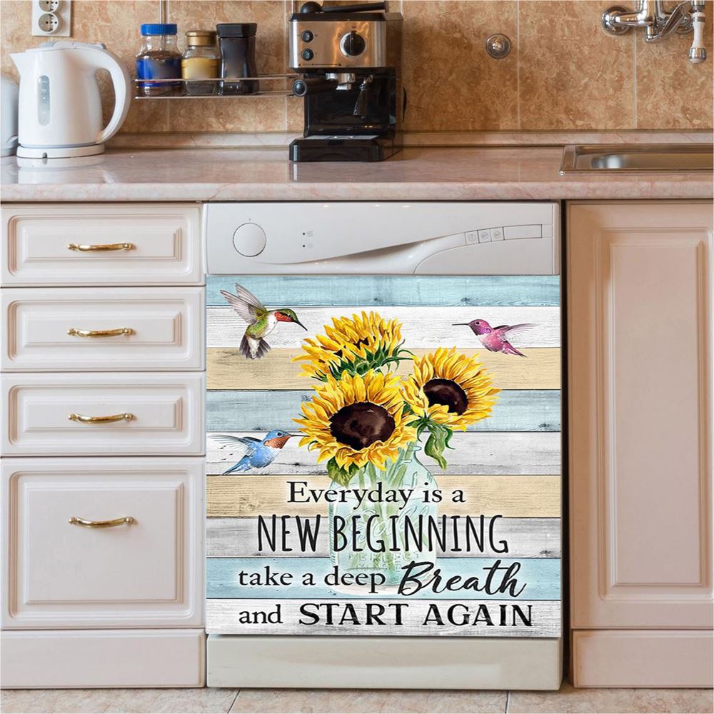New Beginnings Hummingbirds Sunflowers Dishwasher Cover, Inspirational Dishwasher Wrap, Encouragement Gifts For Women Woman