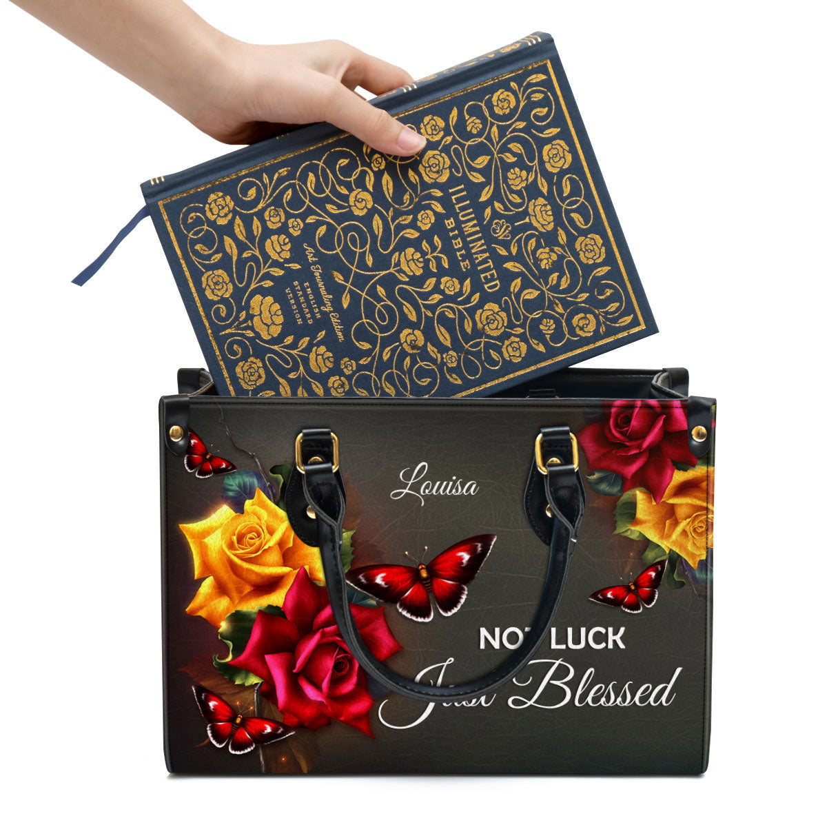 Not Luck Just Blessed Personalized Rose Leather Bag For Women, Religious Gifts For Women