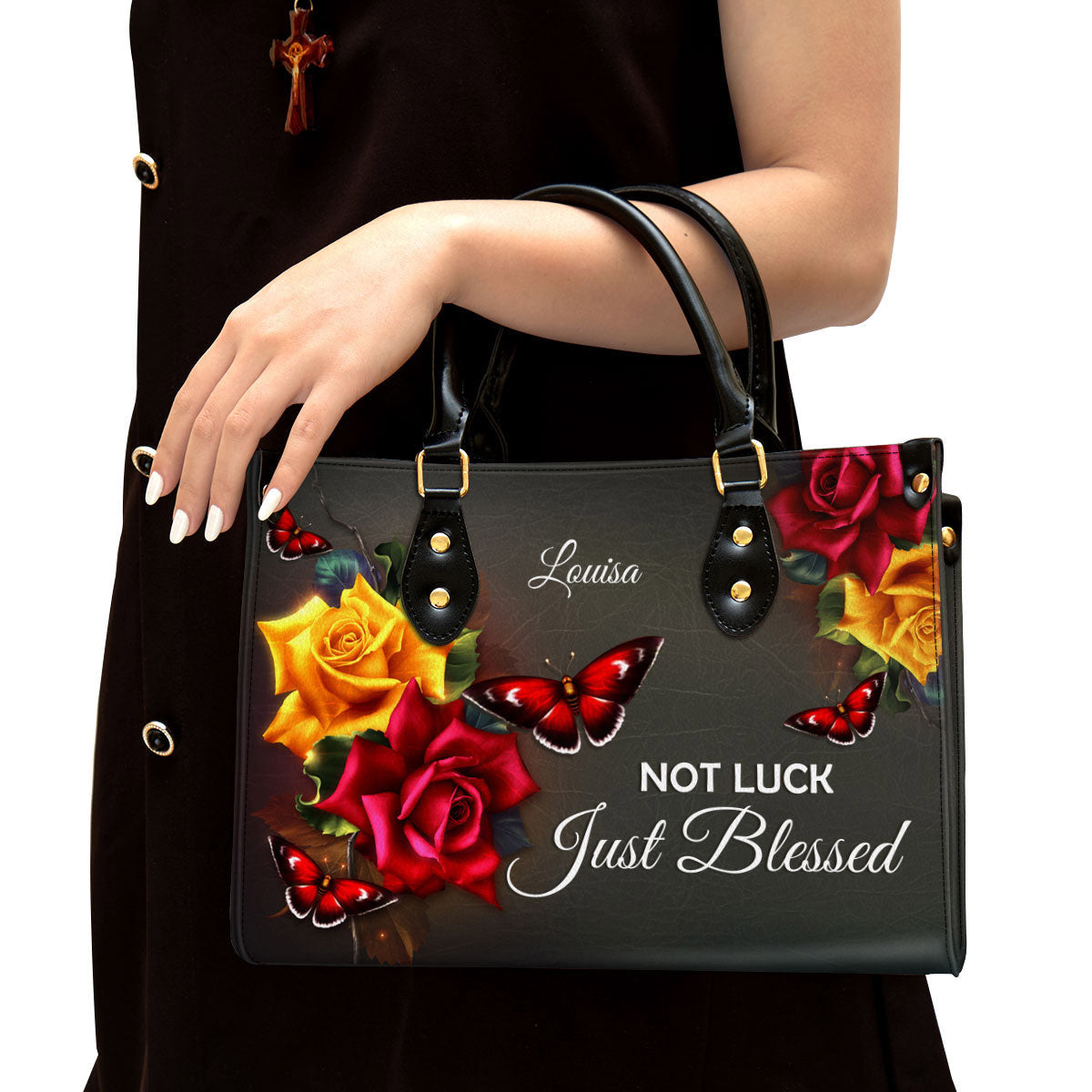 Not Luck Just Blessed Personalized Rose Leather Bag For Women, Religious Gifts For Women