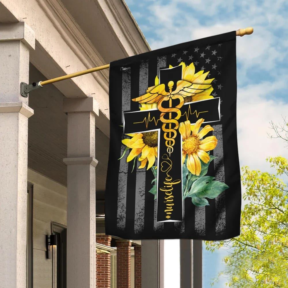 Nurse Life Sunflower Christian Cross House Flag, Outdoor Religious Flags, Christian Flag, Scripture Flag, Garden Banner
