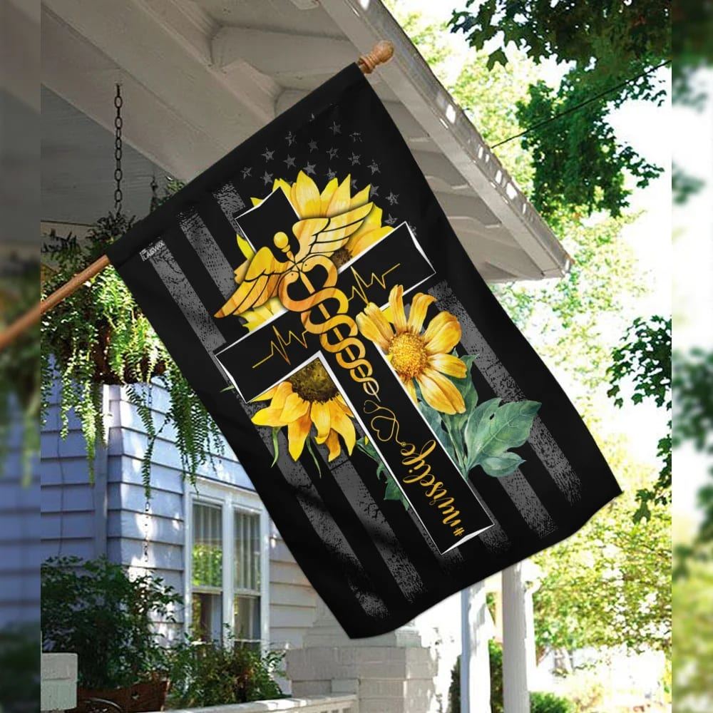 Nurse Life Sunflower Christian Cross House Flag, Outdoor Religious Flags, Christian Flag, Scripture Flag, Garden Banner